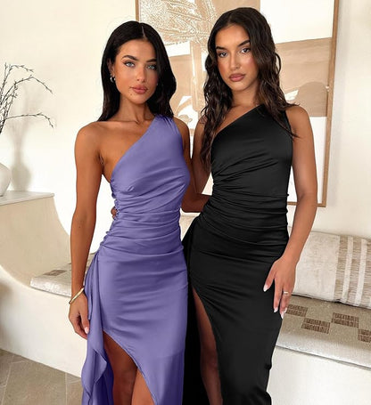 Elegant Slant Shoulder Satin Dress™