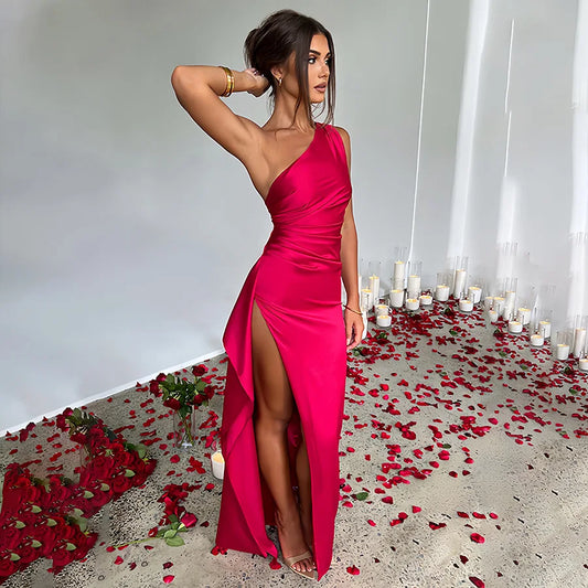 Elegant Slant Shoulder Satin Dress™