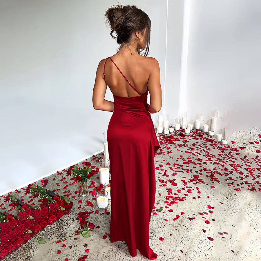 Elegant Slant Shoulder Satin Dress™