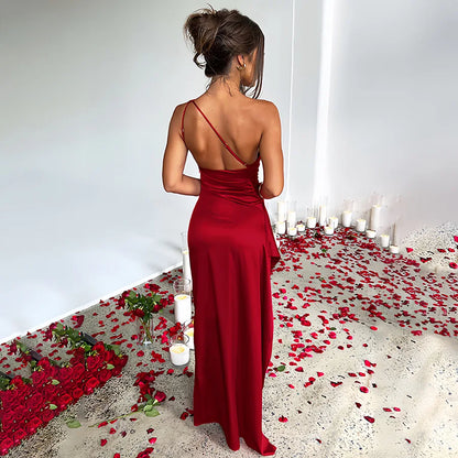 Elegant Slant Shoulder Satin Dress™