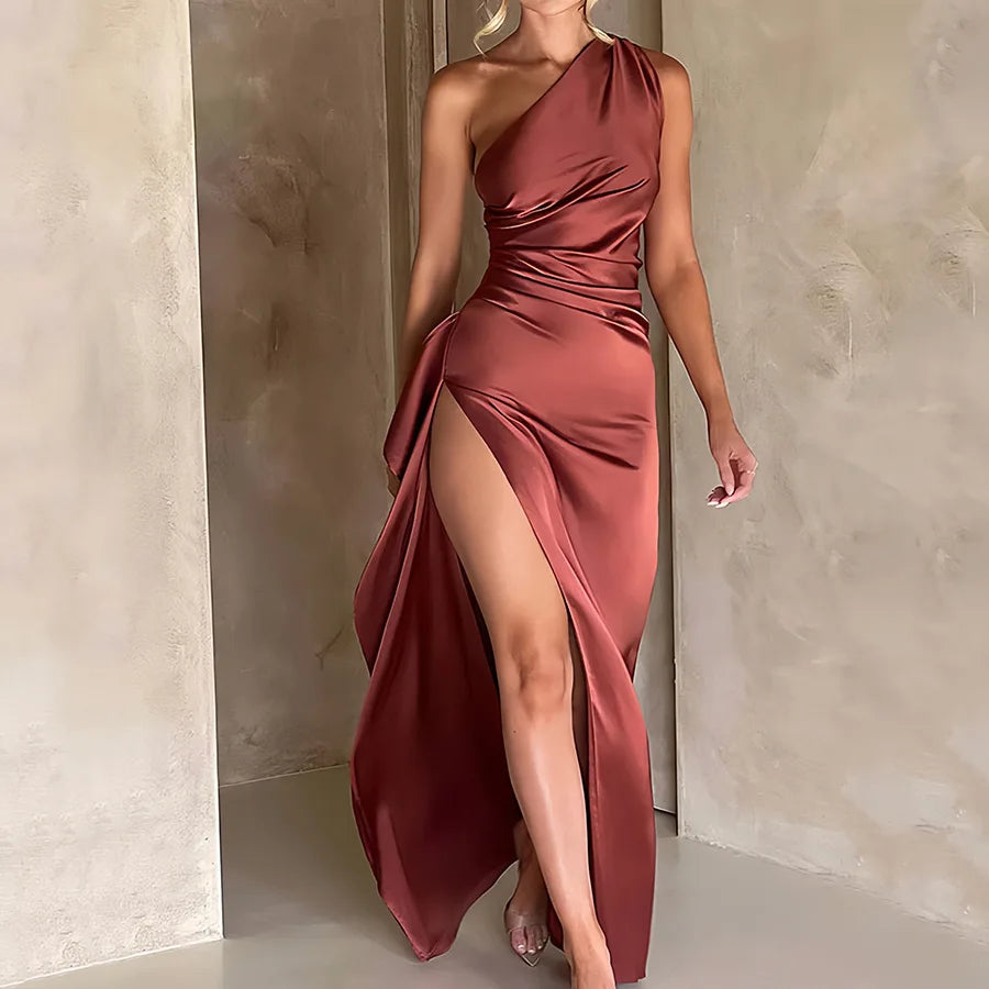 Elegant Slant Shoulder Satin Dress™