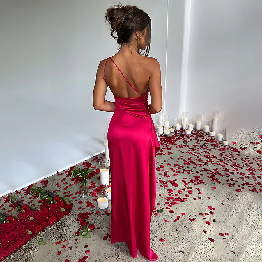Elegant Slant Shoulder Satin Dress™