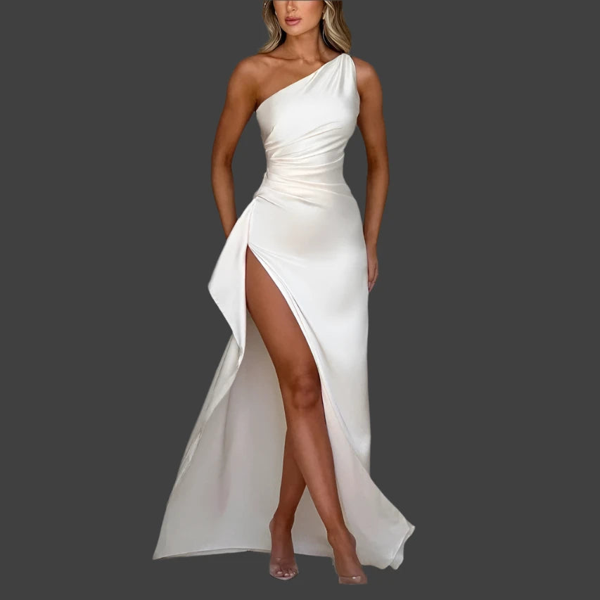 Elegant Slant Shoulder Satin Dress™