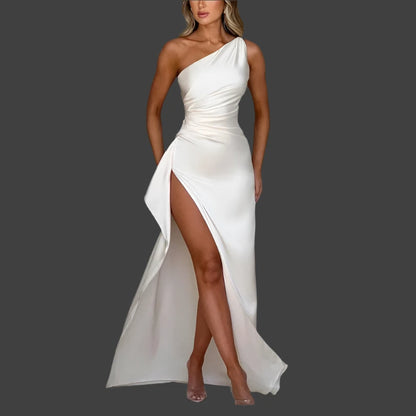 Elegant Slant Shoulder Satin Dress™