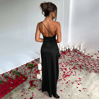 Elegant Slant Shoulder Satin Dress™