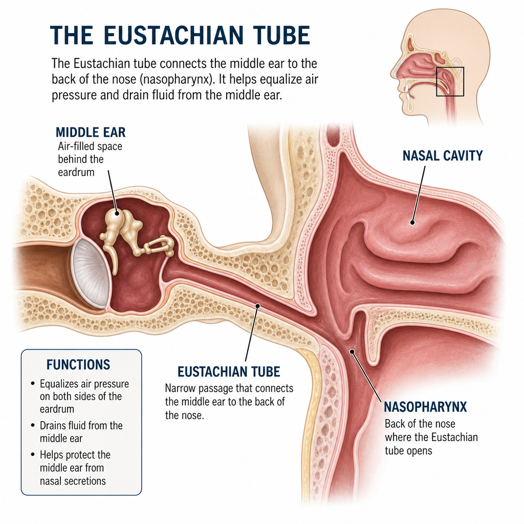Diagram showing the Eustachian tube behind the eardrum